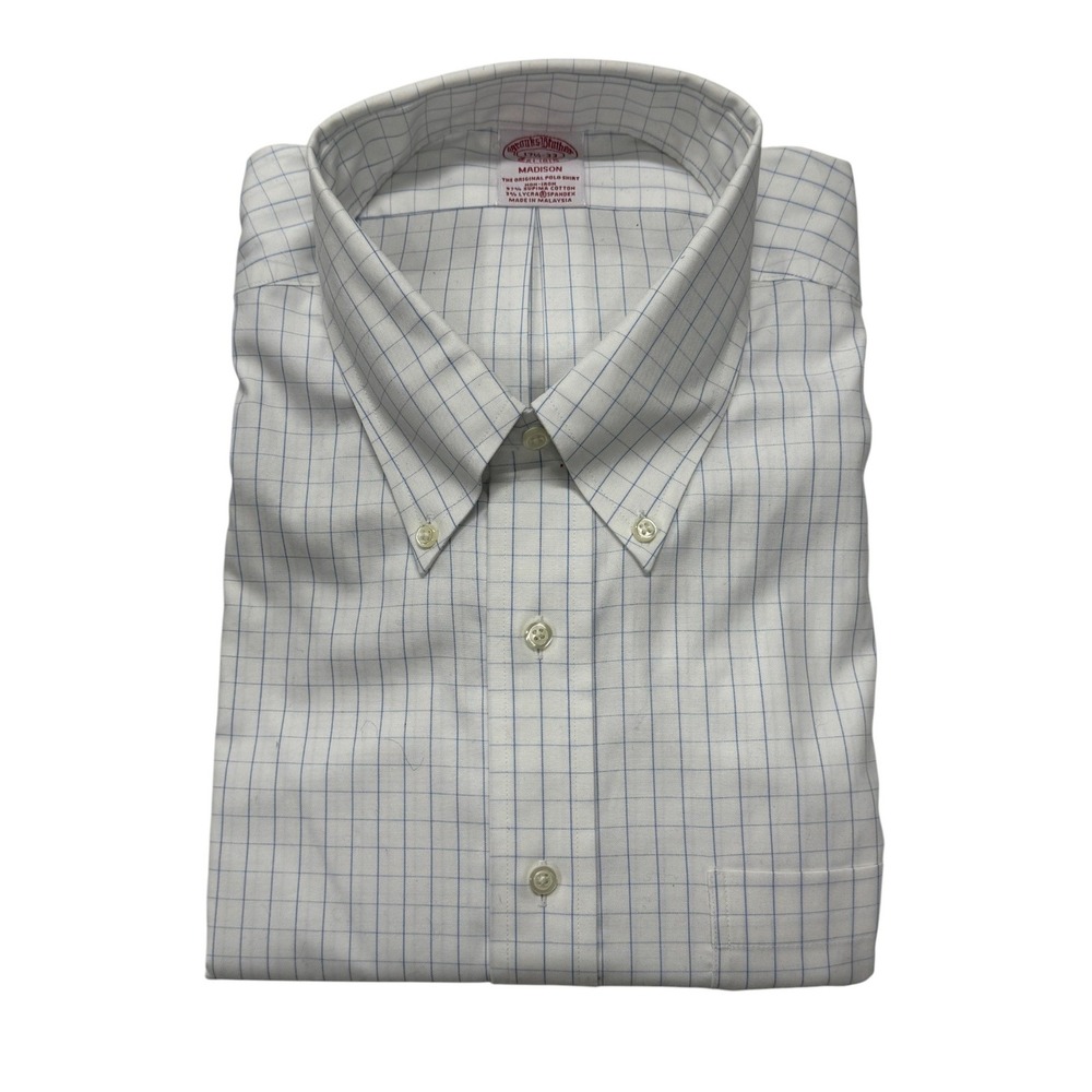 Brooks Brothers Madison Dress‎ Shirt Mens 17.5 33 White Blue Windowpane Non-Iron